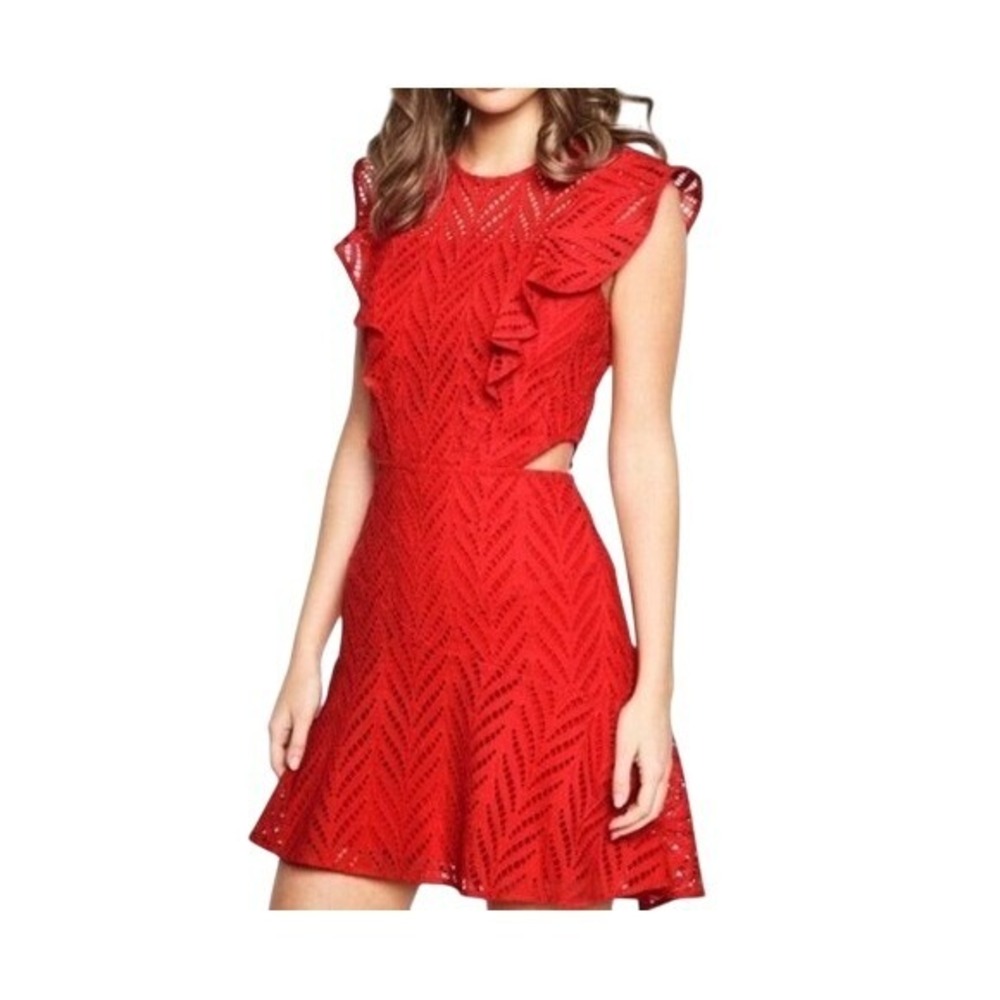 Bardot Kira Red Eyelet Lace Cut‎ Out Mini Dress 10